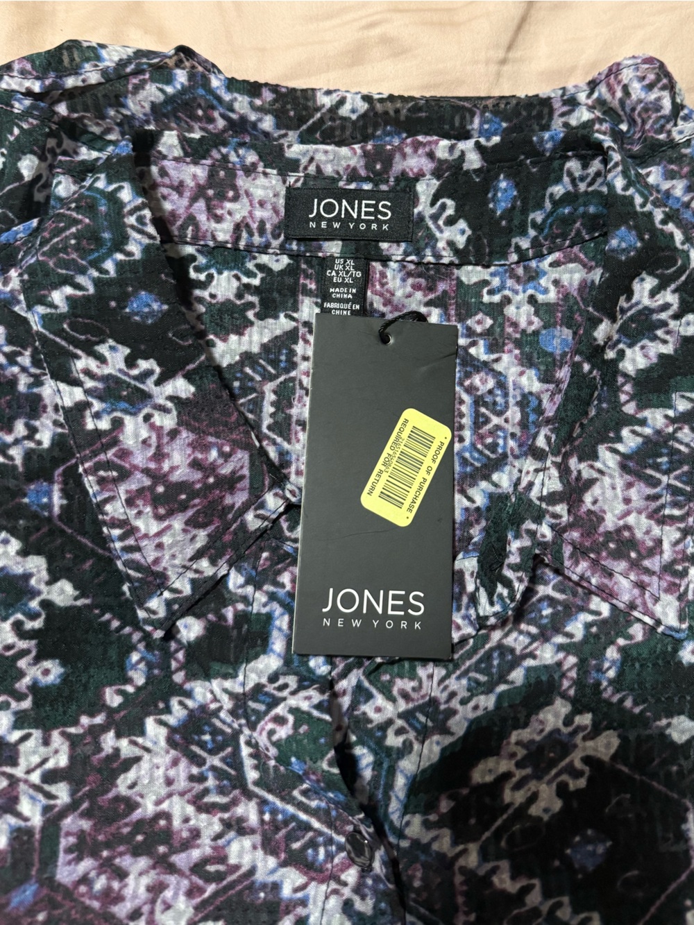 Jones New York Women’s XL Button Front Blouse Purple Green Geometric Print NWT